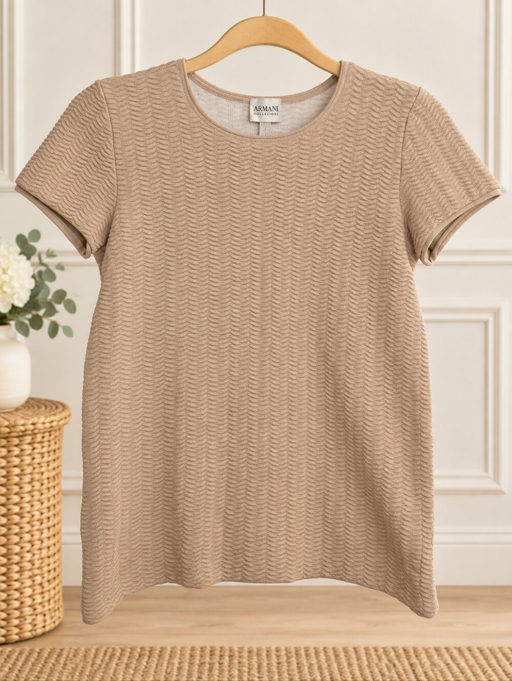 Armani Collezioni Beige Textured Short Sleeve Top Size 8 Quiet Luxury